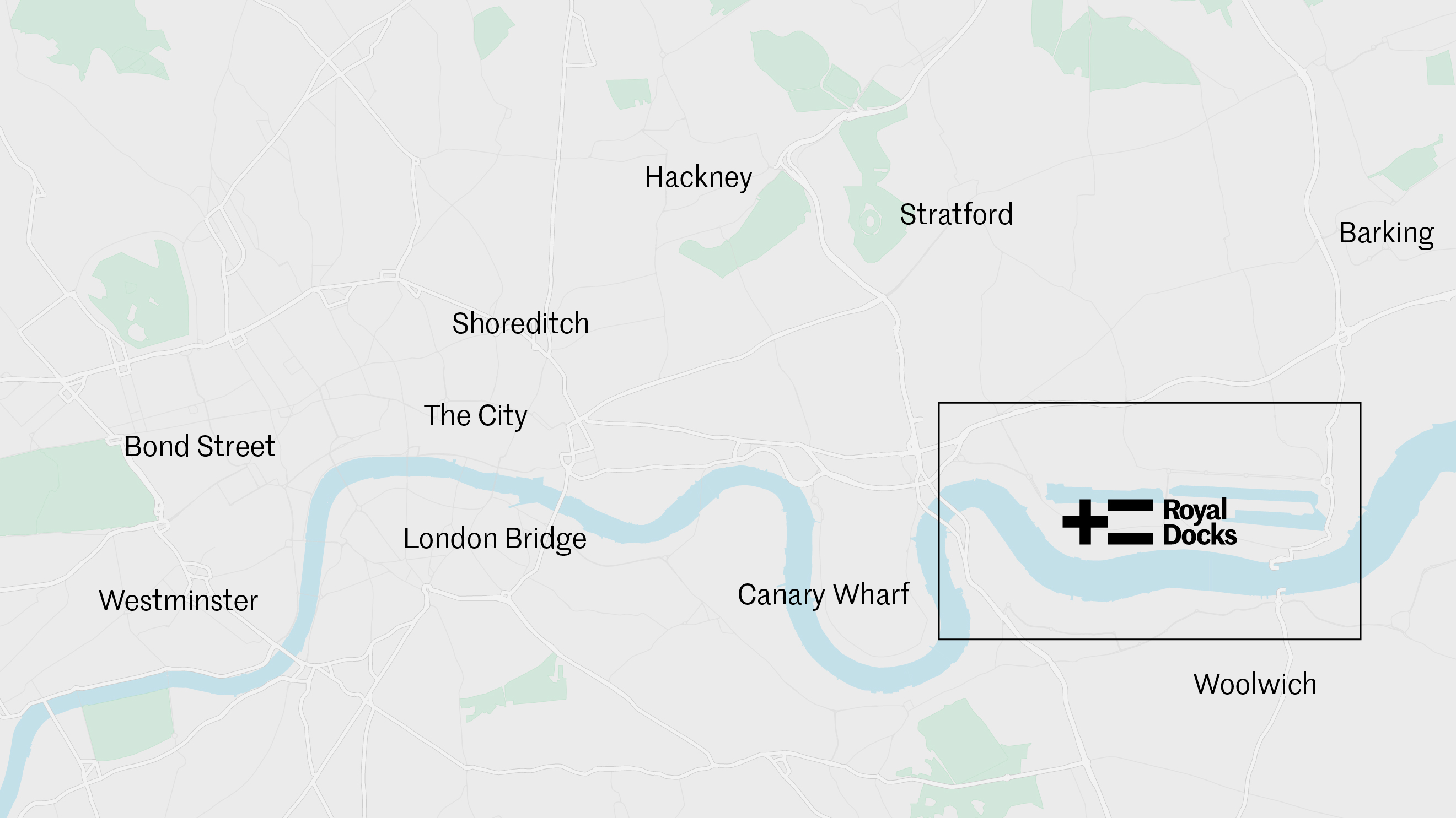 This map shows the Royal Docks area in the context of central London. The River Thames is in the lower half of the map. On the east side of the map, Westminster and Bond Street are marked. Other locations that are marked are: Hackney, Stratford, Shoreditch, The City, London Bridge, Barking, Woolwich, and Canary Wharf. The Royal Docks is shown on the eastern side of the map. Its western edge is roughly the same longitude as Stratford and it is on a similar latitude to London Bridge.