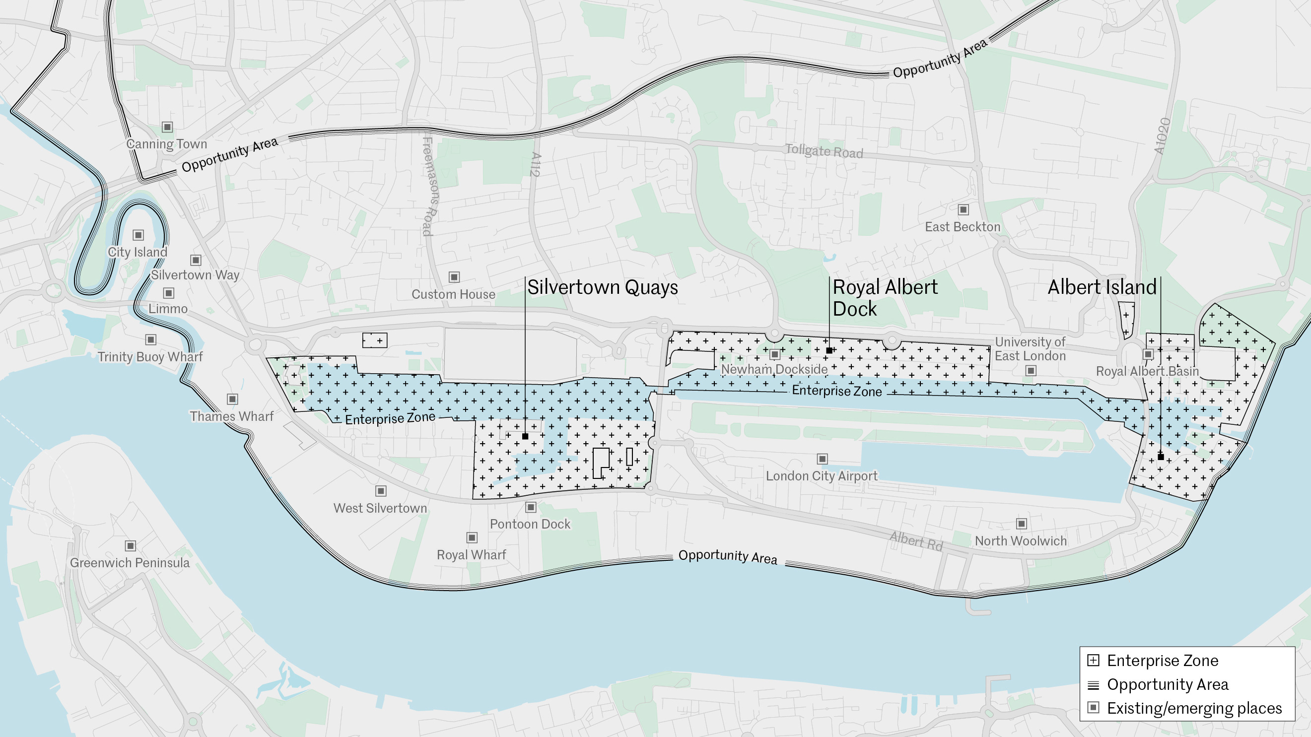 This map shows the Royal Docks area. The River Thames dominates the map, moving from west to east as it drains towards the ocean, and defining the southern boundary of the Royal Docks area. Moving from across the map from west to east, the route of the Thames starts halfway up the map. Here there is a peninsula that protrudes northward. This peninsula is labelled Greenwich Peninsula. After the river has rounded the peninsula, it curves in a south-easterly direction, then heads more or less due east, and then finally curves in a north-easterly direction in the eastern-most portion of the map. The Royal Docks area lies to the north of this curve of the river. Within the Royal Docks area, there are three docks, which are open water spaces connected to the river at the easternmost end. There is one dock in the western half of the Royal Docks area, and two docks in the eastern half. A boundary line marks the Royal Docks Opportunity Area. The southern edge of the Opportunity Area boundary runs along the north bank of the river. The western edge of the Opportunity Area is at a similar longitude to the Greenwich Peninsula, and follows the route of the River Lea. The River Lea is a tributary feeding the Thames, and it lies just to the east of the Greenwich Peninsula, as well as opposite it in a northerly direction. This Opportunity Area includes locations labelled Limmo and Silvertown Way, and excludes locations labelled City Island and Trinity Buoy Wharf. The northern edge of the Opportunity Area boundary follows the route of Newham Way, a main road that heads in a north-easterly direction from near the top of the map, and in the eastern half of the map disappears off the edge. Overall, the Opportunity Area is an area that encompasses both the Royal Docks, which lies in the curve of the river, and the area to the north of it that is larger. A shaded area on the map highlights the Enterprise Zone. The Enterprise Zone occupies a much smaller area than the the Opportunity area and lies entirely inside it. It is centred around the western dock, and to the north and east of the most northerly eastern dock. In the western section, a marker shows Silvertown Quays on the south bank of the dock. In the eastern section, markers show Royal Albert Docks on the northern side and Albert Island on the eastern side. Other areas that are marked on the map inside the Enterprise Zone are Newham Dockside and Royal Albert Basin (although this latter one appears to lie just on the border). Other areas that are marked on the map inside the Opportunity Area but not the Enterprise Zone are Thames Wharf, West Silvertown, Custom House, East Beckton, University of East London, London City Airport, North Woolwich, Pontoon Dock and Royal Wharf. Canning Town is marked on the map outside of the Opportunity Area.