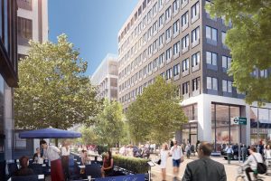 CGI impression of a bustling street scene with retail, people and buildings