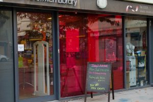 North woolwich library entrance with a sign advertising film nights