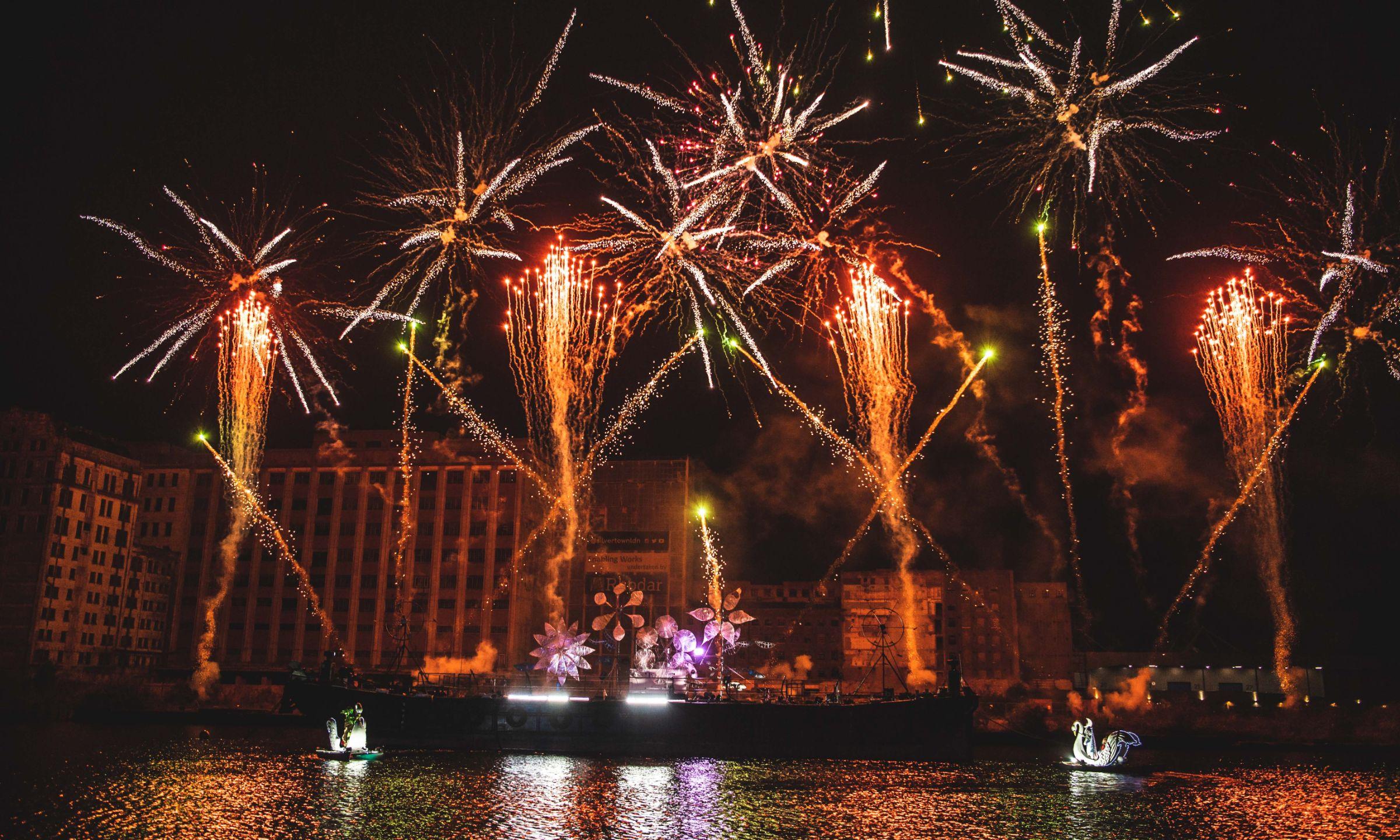 Fireworks above Millennium Mills at the Royal Docks