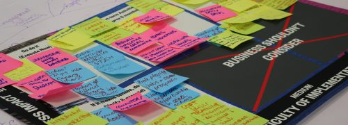 An idea board with post-it notes covering it