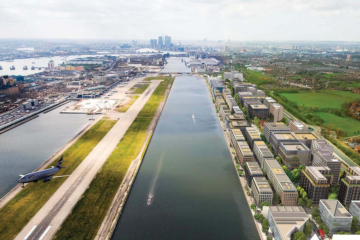 Scene of a dock from above, with London City Airport on the left