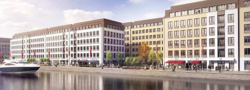 CGI impression of office blocks next to the water with retail on the ground floor