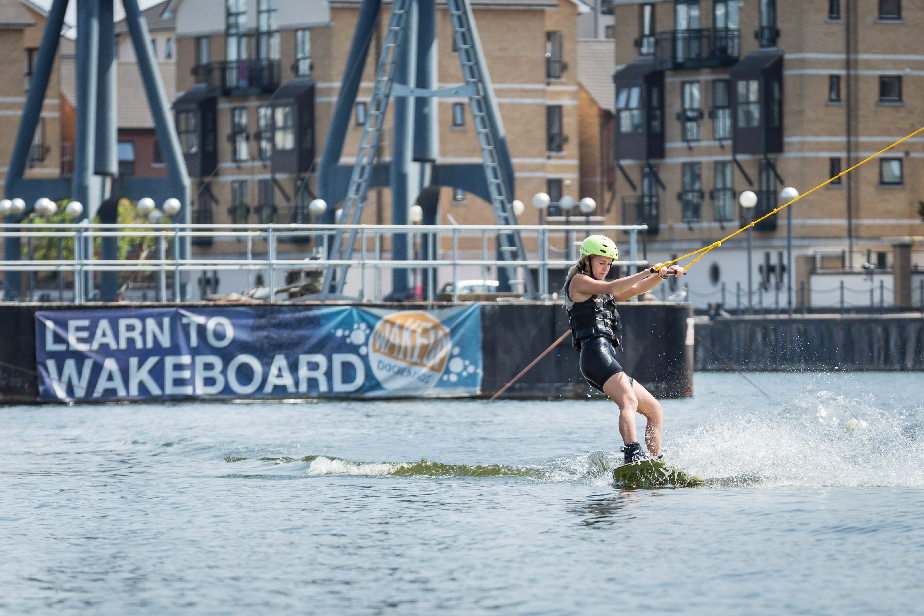 A beginner wakeboarding at the Royal Docks