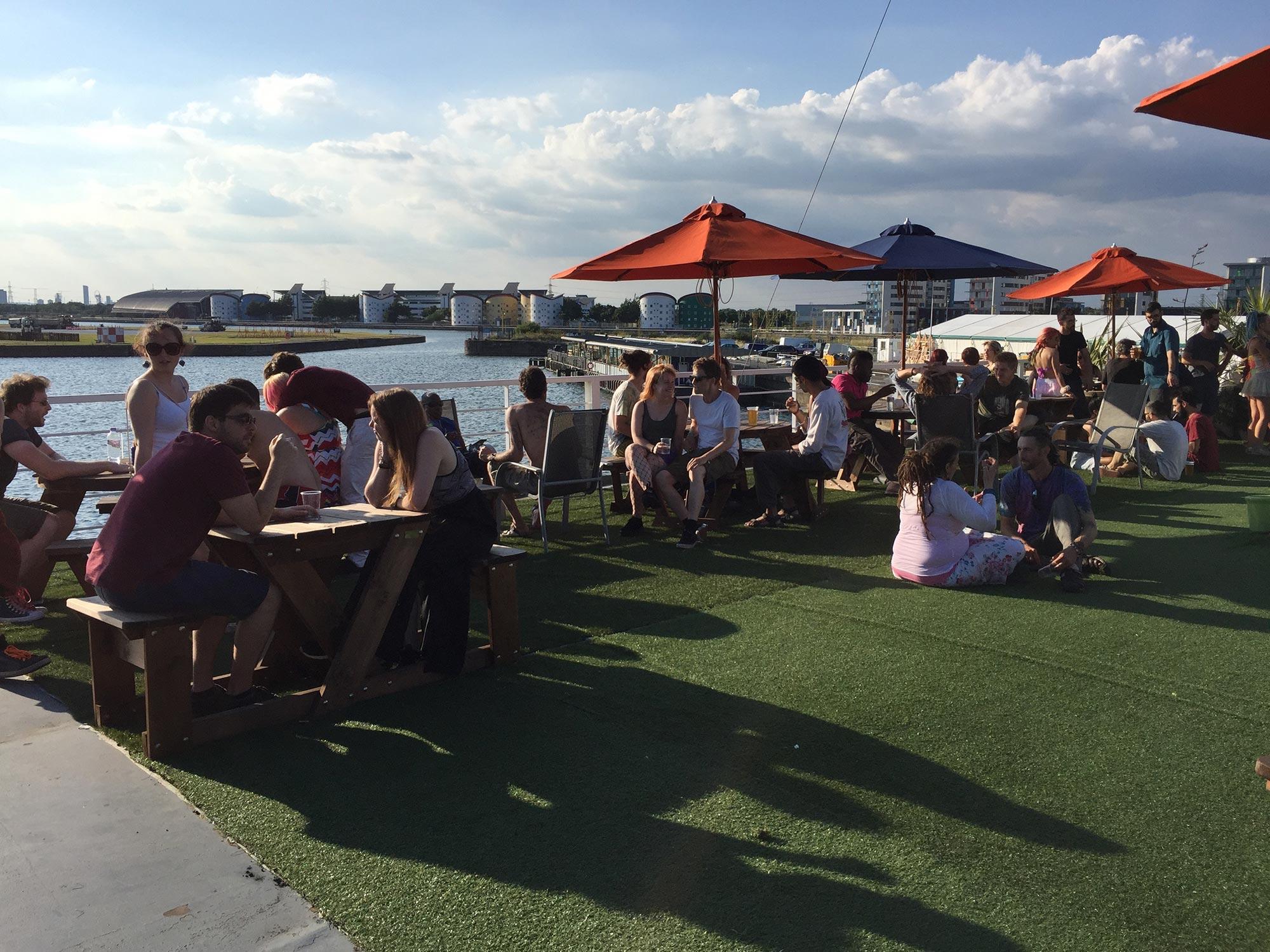 A party overlooking the Royal Docks