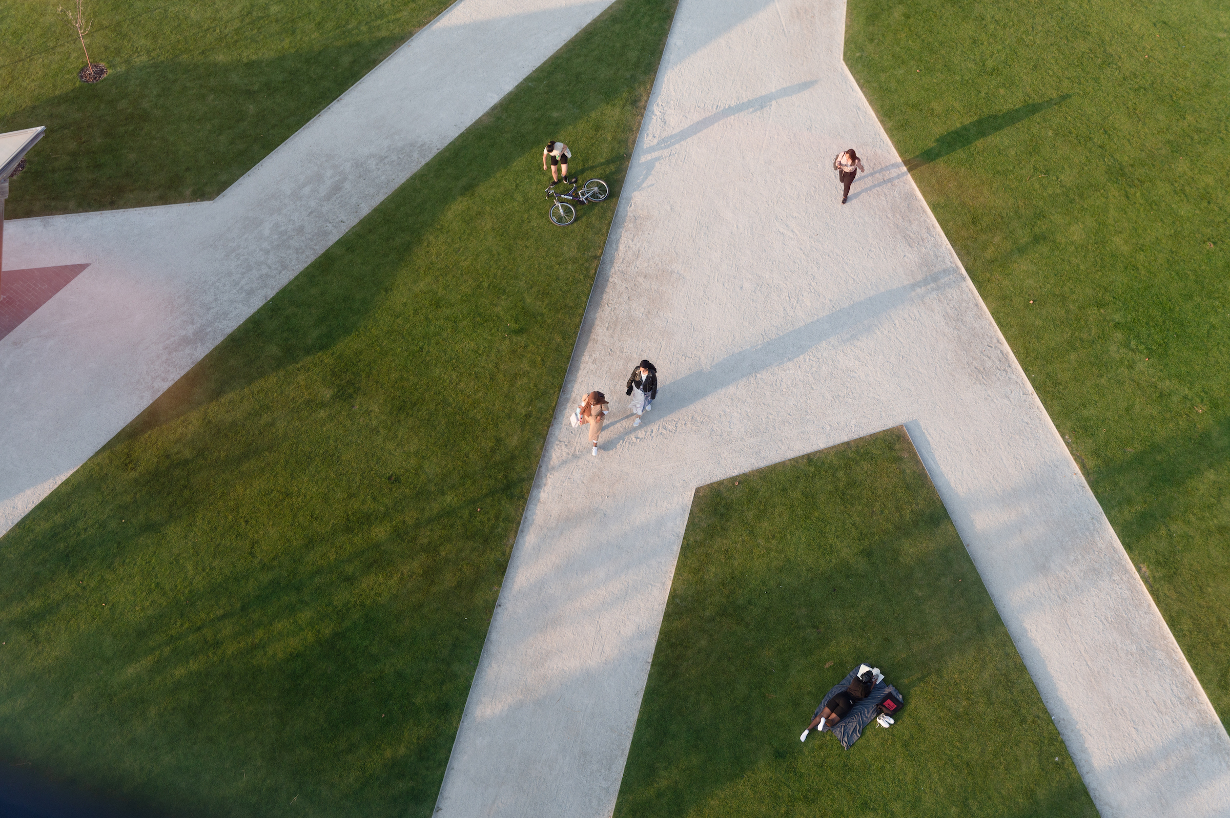 Grassy area with people, seen from above