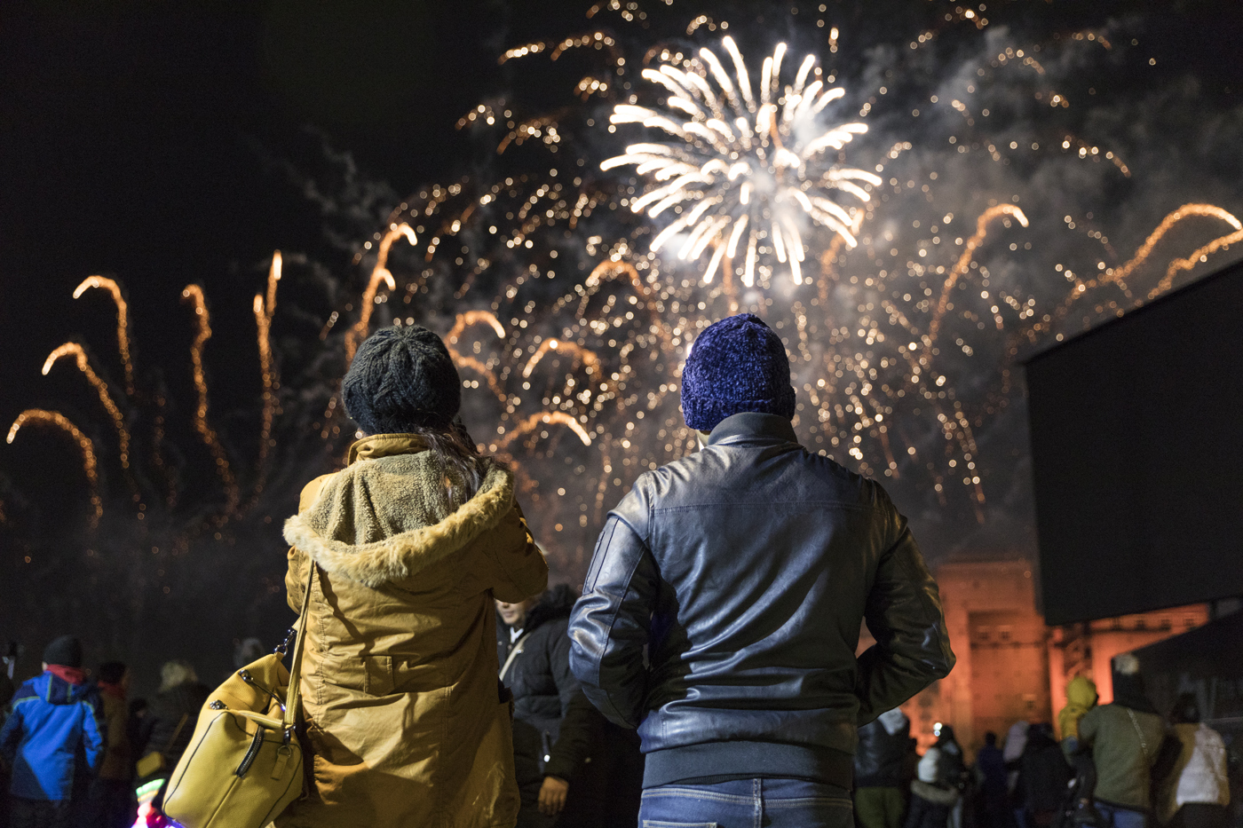 Two people with their backs to the camera watching fireworks