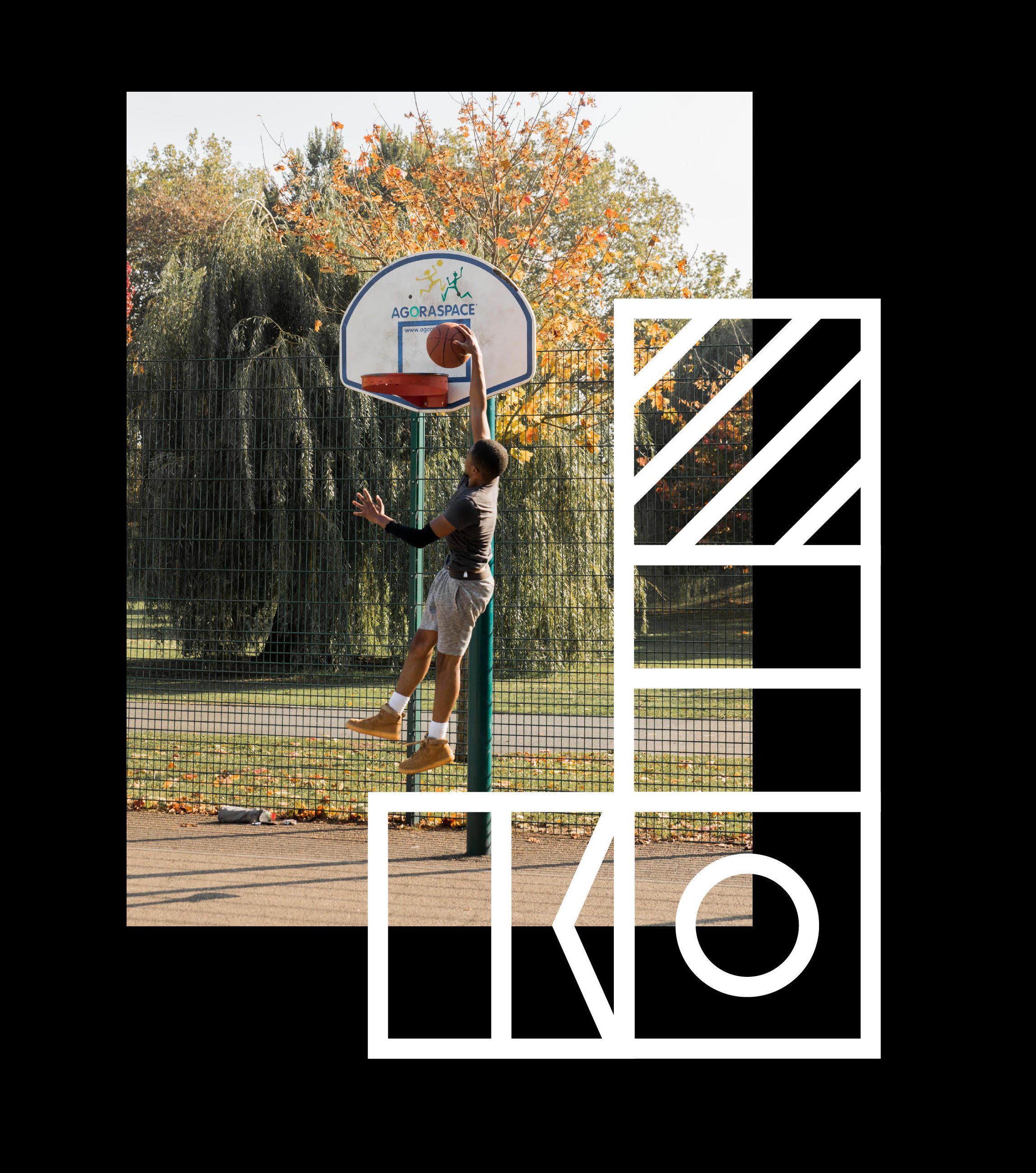 Royal Docks branding with image of young man playing basketball