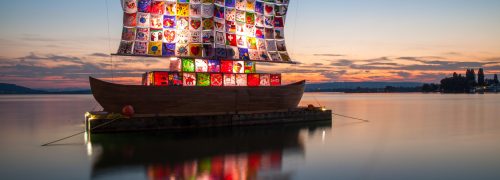 A ship with a colourful patchwork sail symbolising tolerance