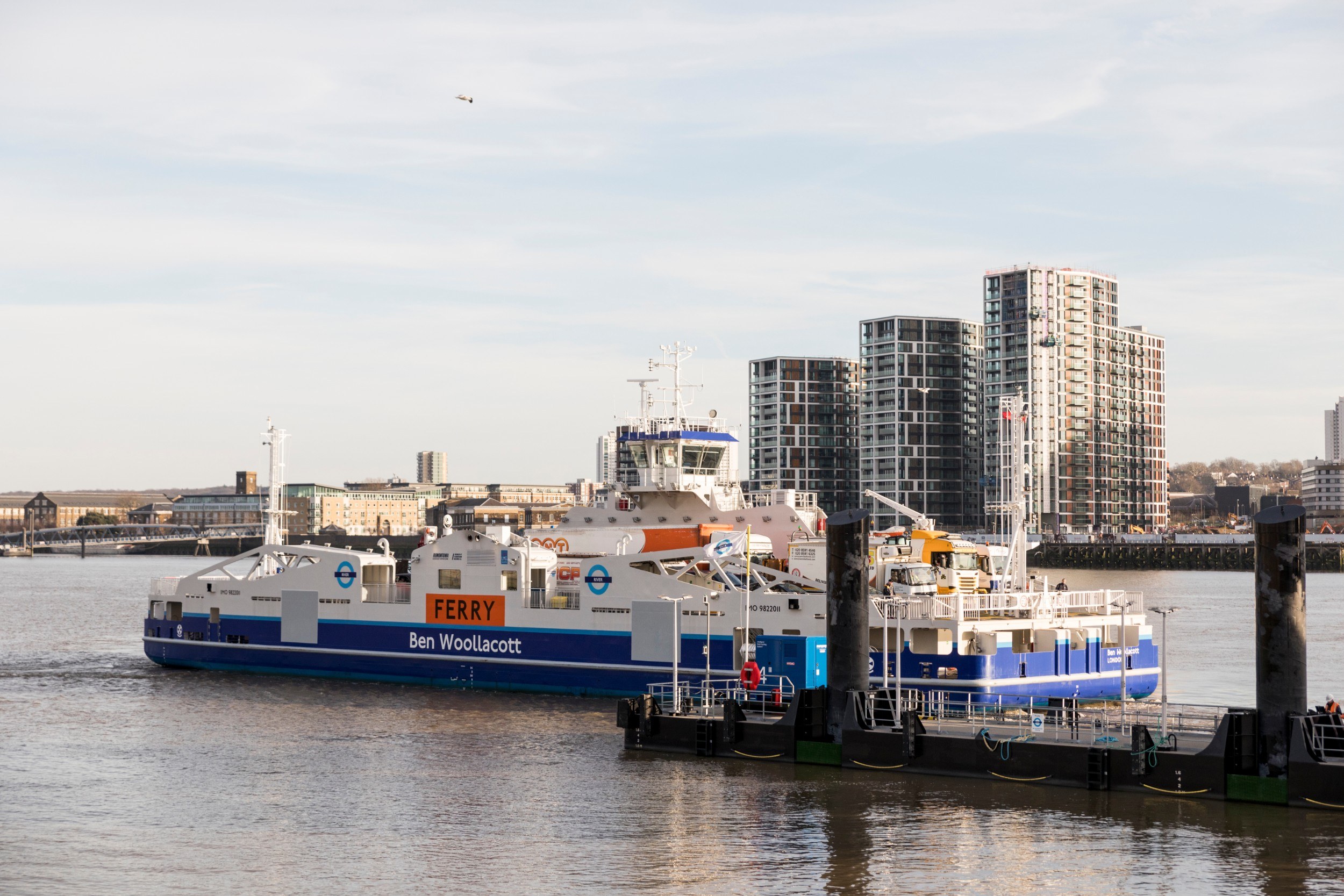 The new Woolwich Ferry model arriving at a dock