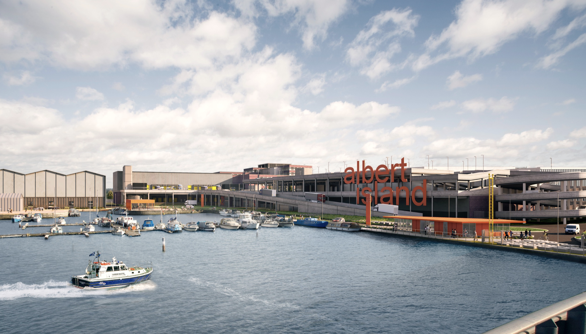 future artist impression of albert island, showing a boat coming into the new shipyard