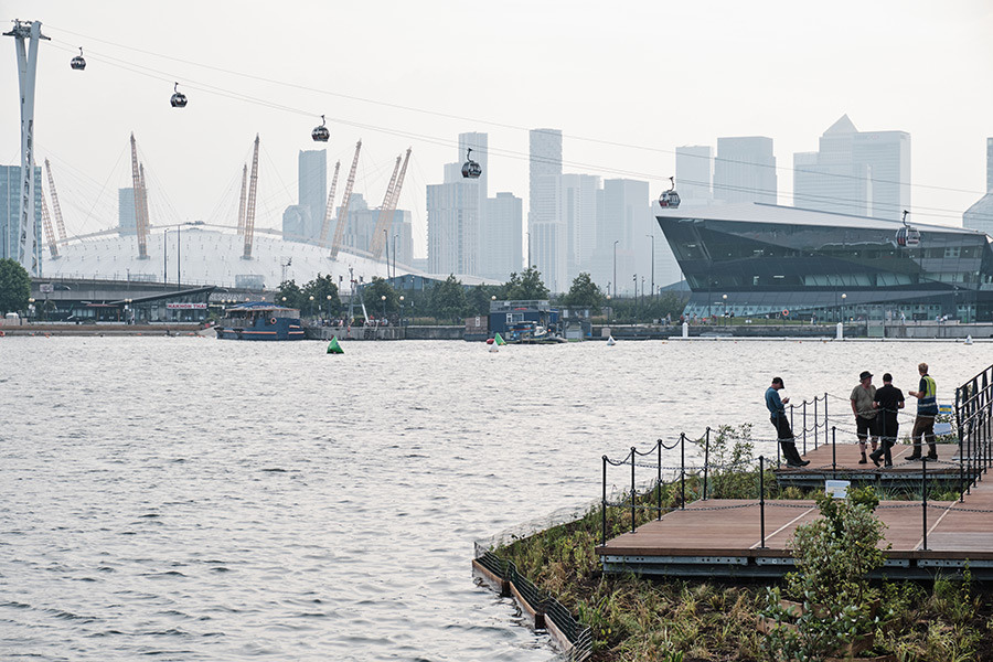 A group of four men overlooking the water in the Royal Docks. City Hall, the O2 and the London Cable Car can be seen in the background.