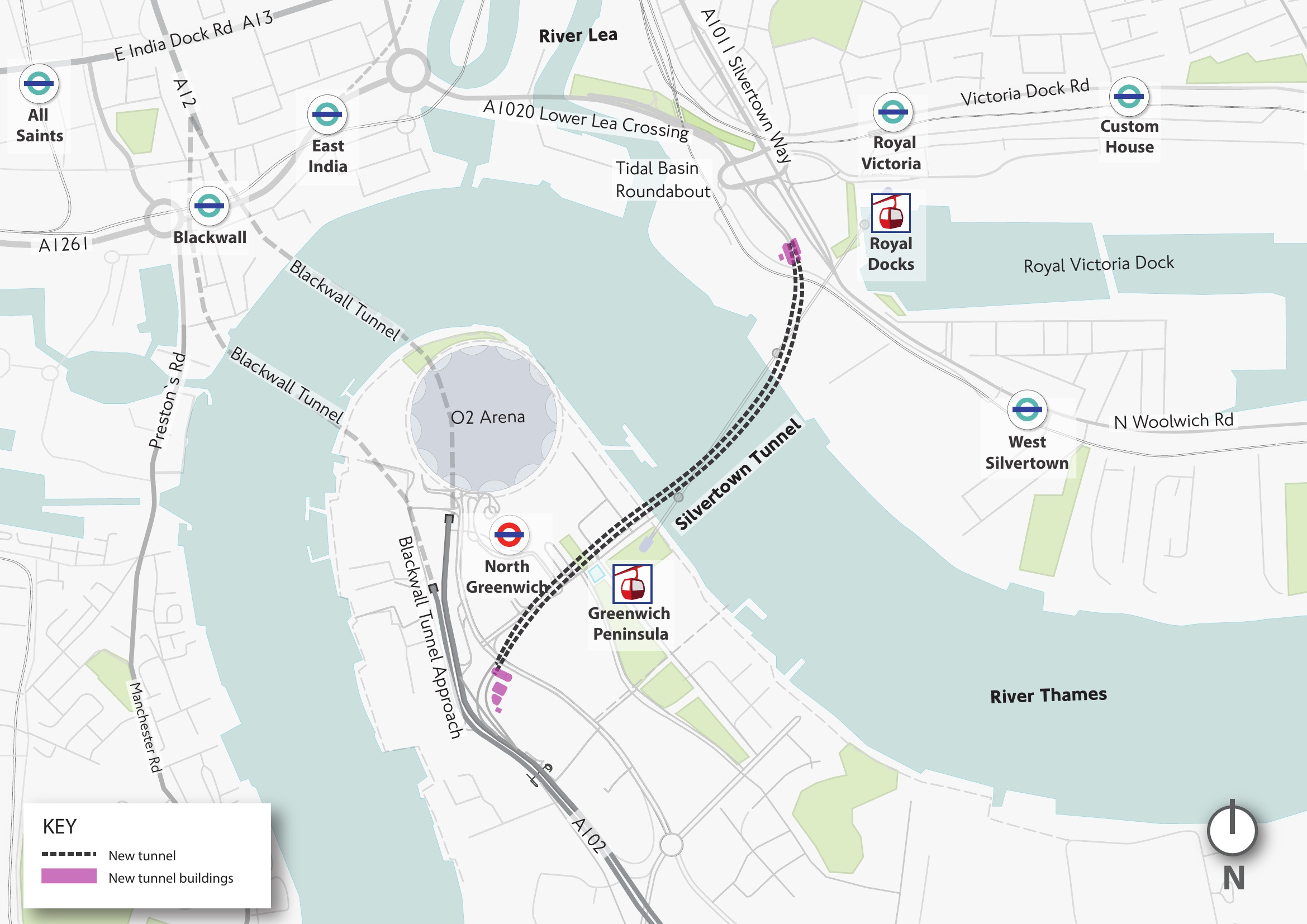 A map of the silvertown tunnel route between Greenwich Peninsula and the Royal Docks