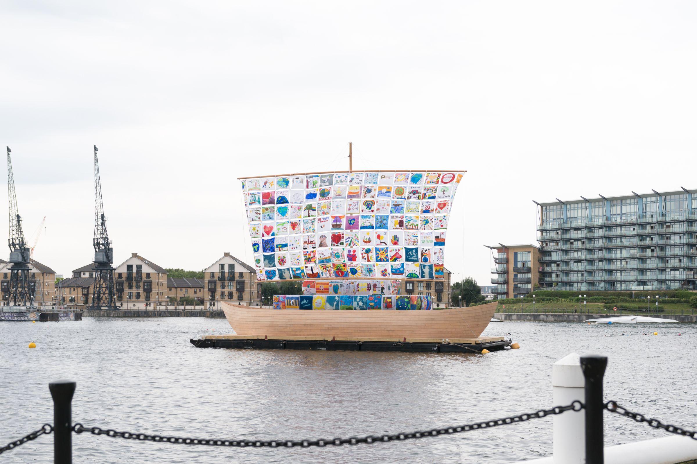 The Ship of Tolerance on the water at the Royal Docks