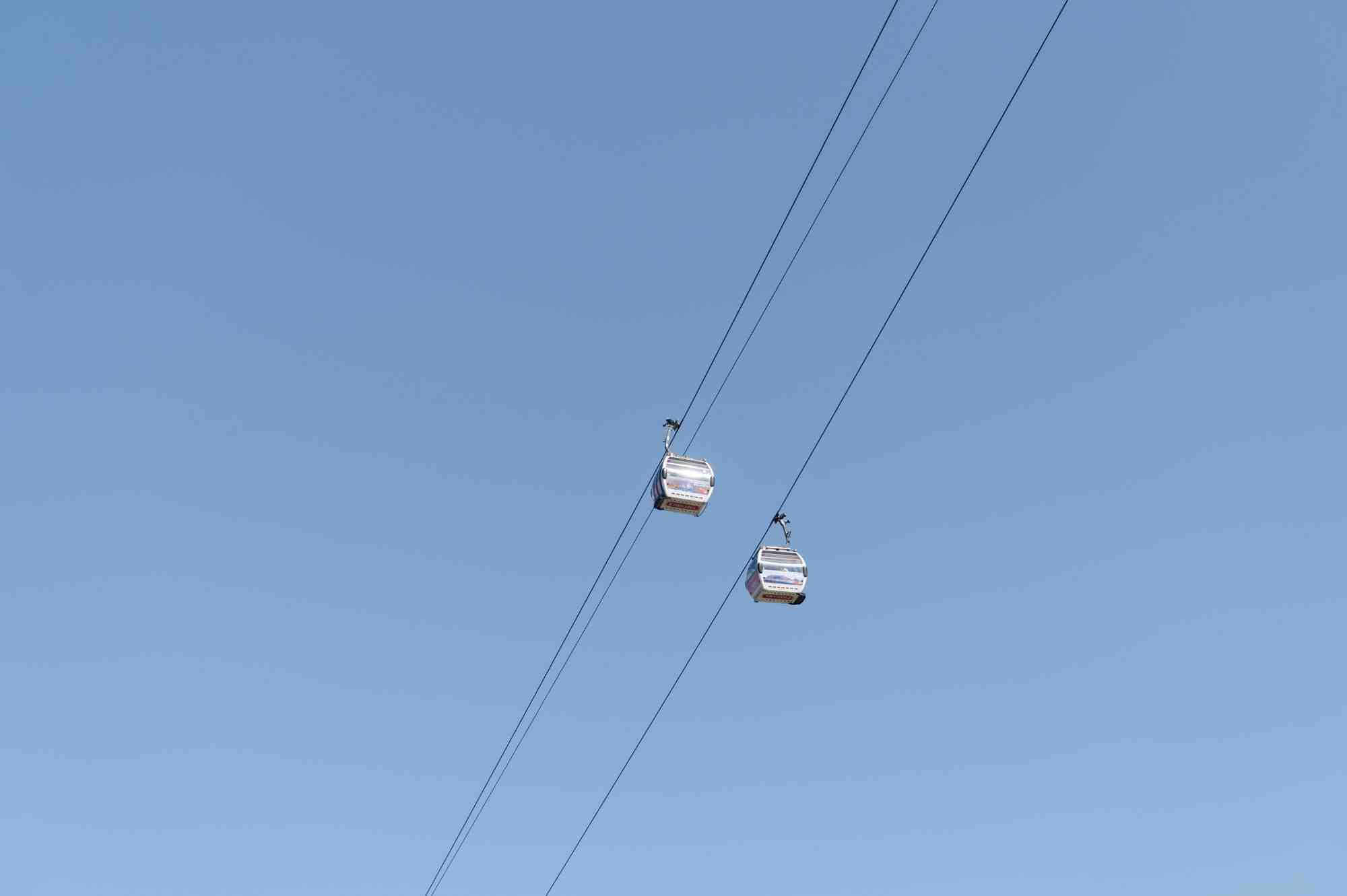Two cable cars against a clear blue sky