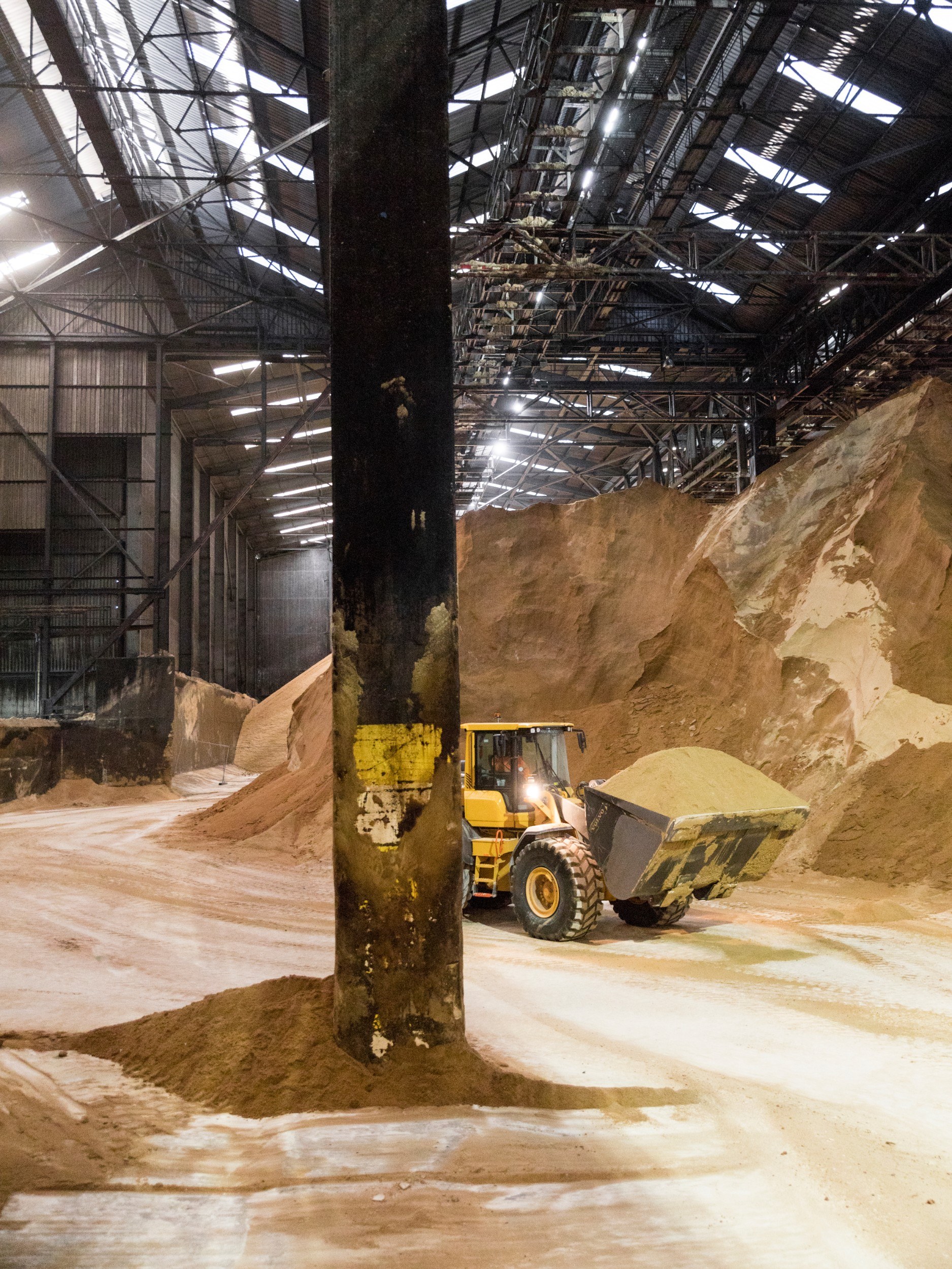 Mounds of sugar several storeys high in a warehouse with a digger moving it around
