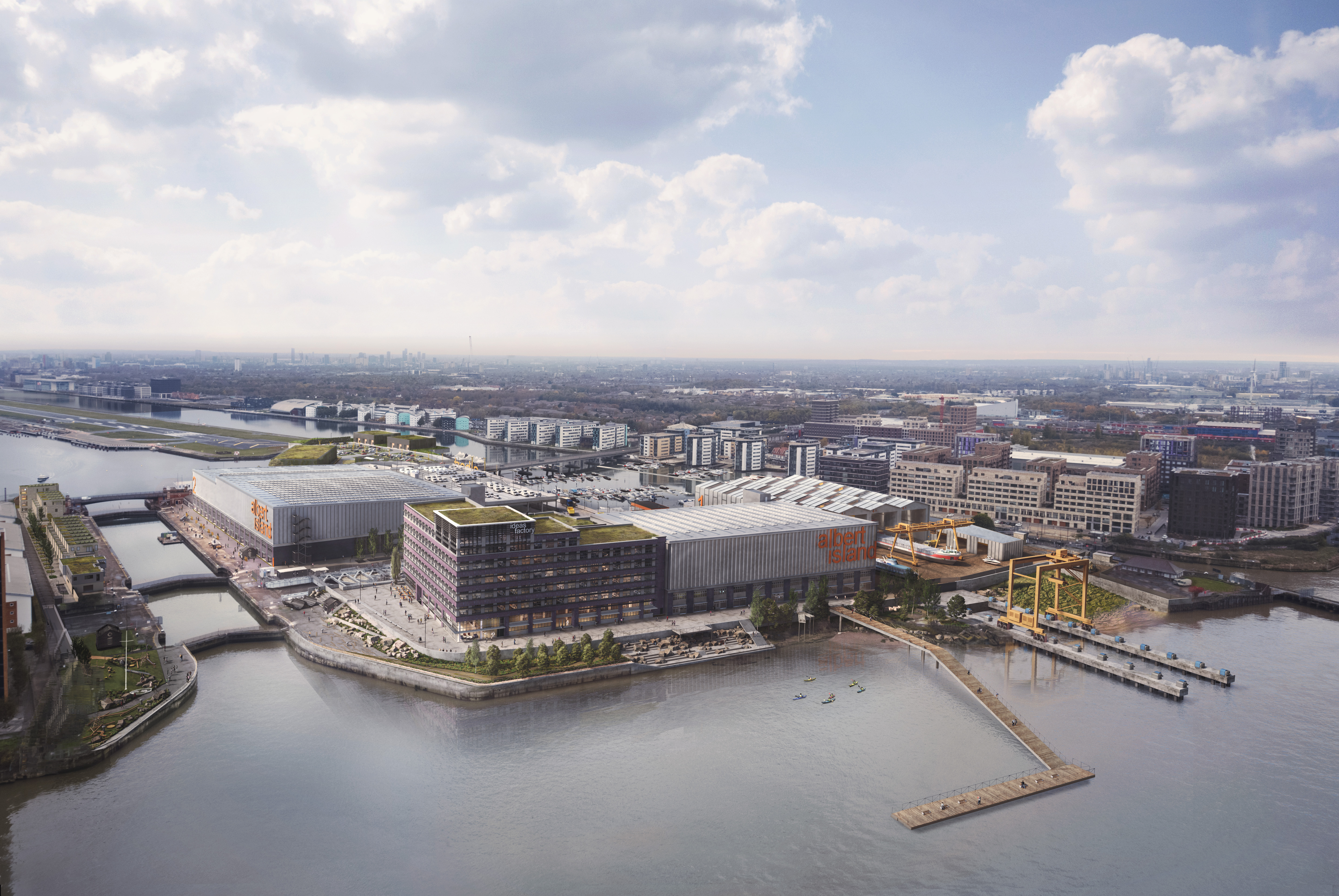 CGI impression of buildings and quays on Albert Island
