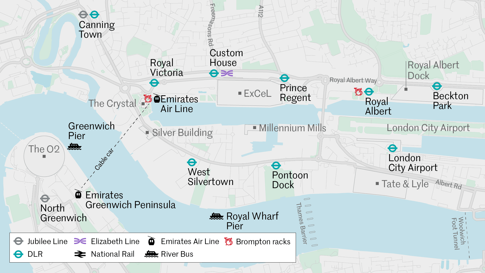 Map showing cycle locations outside the Crystal building (near the Emirates Air Line cable car) and next to Royal Albert DLR station.