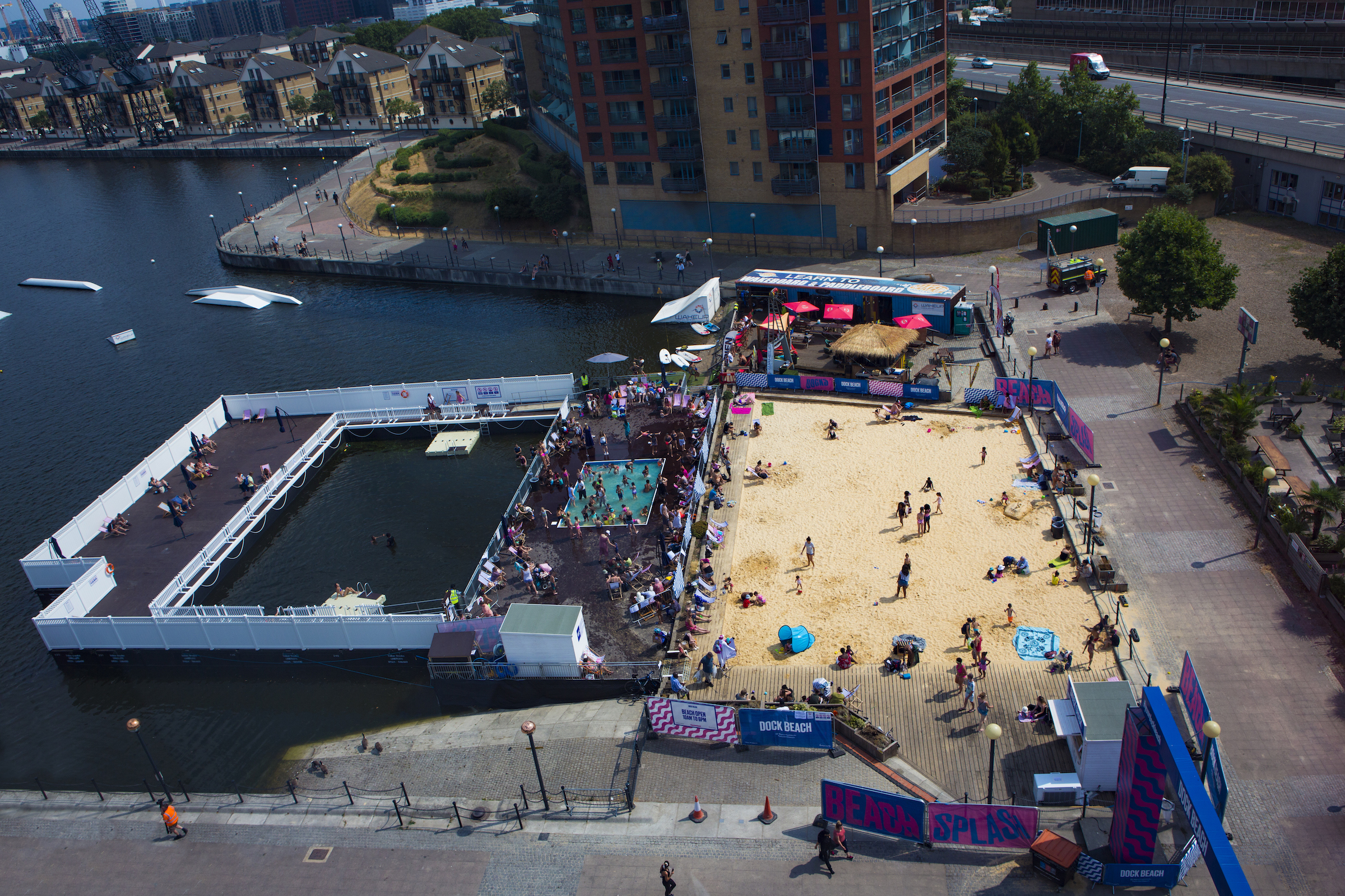 An overhead image of the beach and pool at the Royal Docks