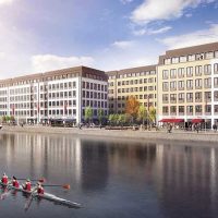 CGI impression of office blocks next to the water
