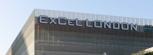 ExCeL London signage at the top of the building