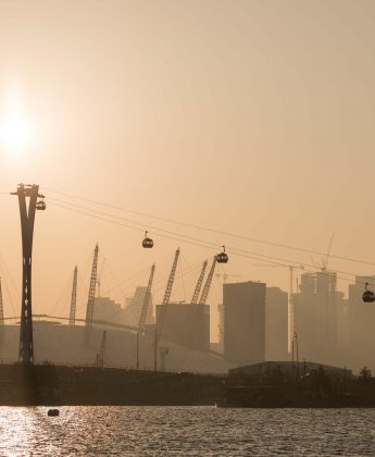 Emirates Air Line cable car at sunset